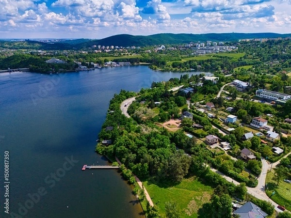 Obraz Beautiful landscape shot with nature and water from the top from a drone. Brno Dam, Czech Republic-Europe.