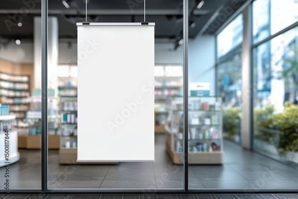 Fototapeta Blank white banner hangs on pharmacy store window. Store interior is visible through the glass. Possible advertisement or promotion. Location is likely a local pharmacy or cosmetics store