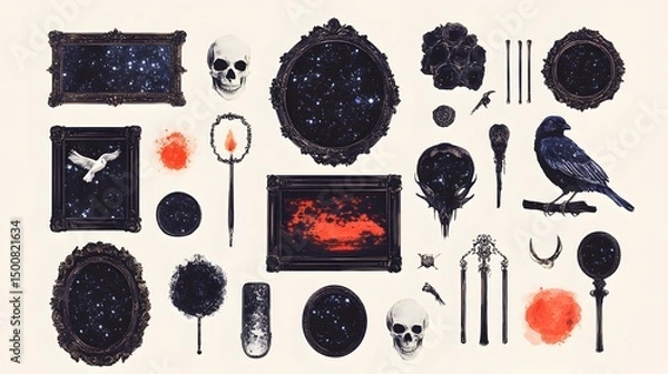 Fototapeta Ornate frames showcase cosmic scenes, skulls, and dark objects; interspersed with red splotches and bird; collage style