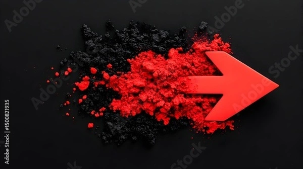 Fototapeta Red arrow pointing right, nestled in a vibrant red and dark powder spill against a black backdrop