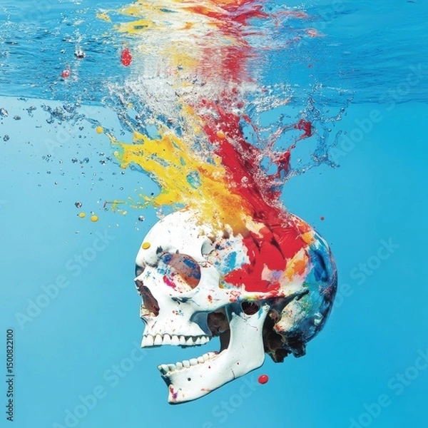 Fototapeta Amidst the water, a lively skull bobs up and down, its visage highlighted by a painted splash