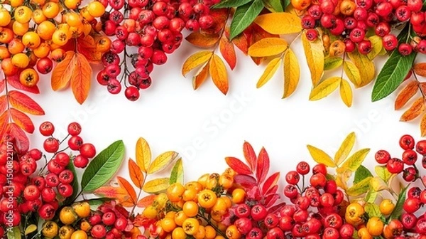Obraz Top-view flat lay autumn composition with autumn leaves, berries, and a white background, including copy space for creating seasonal banners or advertising visuals.