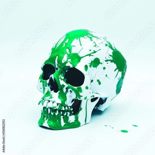Fototapeta A white skull features a face with green paint splattered all over it, as well as a hole on its side