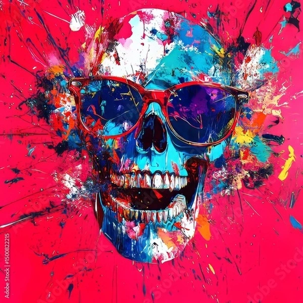 Fototapeta A lively skull sporting spectacles, decorated with paint splatters on a bold pink setting