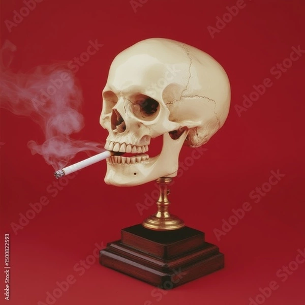 Fototapeta A sculpture of a skull is rendered with smoke issuing from its head, accompanied by a cigarette emerging from its mouth