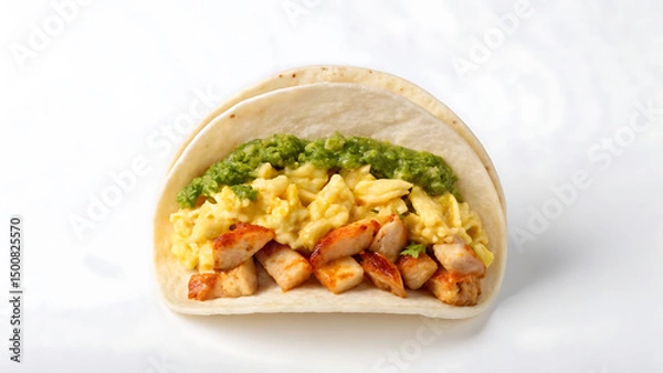 Fototapeta Breakfast Burrito Tacos Breakfast burrito with scrambled egg chicken and green salsa is tasty meal similar to tacos for any