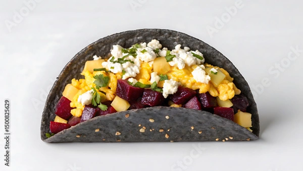 Fototapeta Breakfast Burrito Tacos Scrambled egg breakfast burrito with cheese and beetroot in blue corn taco for tasty meal