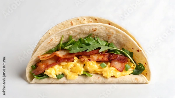 Fototapeta Breakfast Burrito Tacos Soft breakfast burrito with scrambled egg bacon and fresh green arugula leaves served white background
