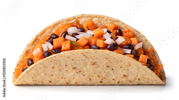 Fototapeta Breakfast Burrito Tacos Soft taco filled with black beans, diced sweet potato, and onion for tasty breakfast burrito or tacos