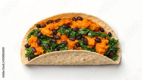 Fototapeta Breakfast Burrito Tacos Healthy breakfast burrito with mashed sweet potato kale and black beans in soft tortilla tacos style