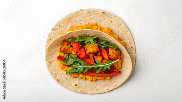 Fototapeta Breakfast Burrito Tacos colorful breakfast burrito with fresh greens, red peppers, and tofu makes tasty tacos meal to enjoy