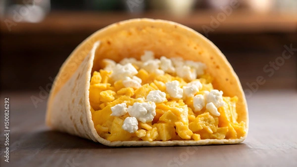 Fototapeta Breakfast Burrito Tacos Scrambled eggs and cheese fill soft tortilla for tasty breakfast burrito or tacos option to enjoy