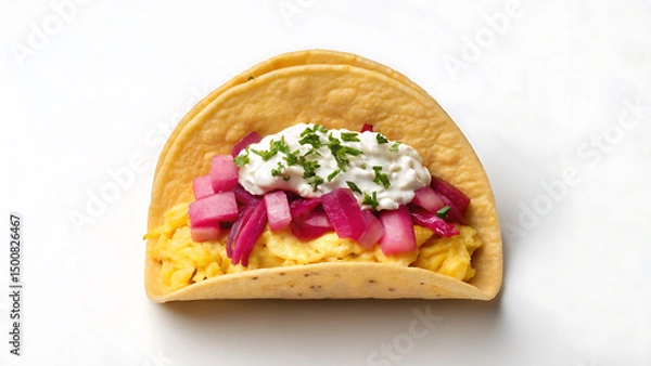 Fototapeta Breakfast Burrito Tacos Scrumptious breakfast burrito with scrambled eggs topped with sour cream and fresh herbs served