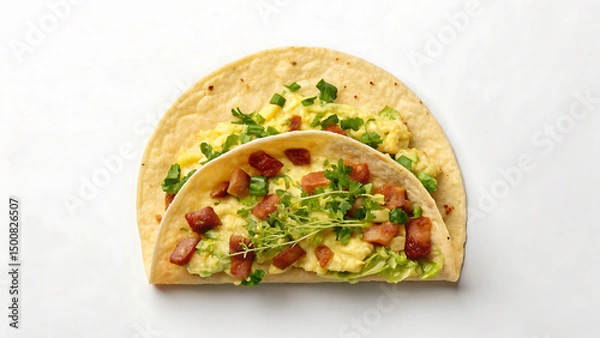 Fototapeta Breakfast Burrito Tacos Breakfast burrito with scrambled egg bacon and fresh herbs looks delicious and perfect for tacos