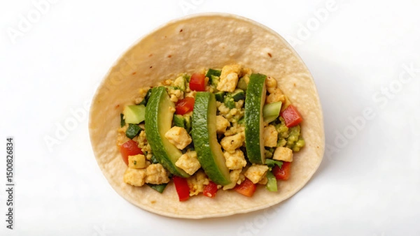 Fototapeta Breakfast Burrito Tacos healthy breakfast burrito with avocado, tofu, and fresh vegetables makes tasty tacos option for any