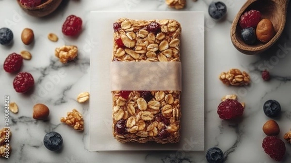 Fototapeta Cereal bar surrounded by berries and nuts, presented on a white marble surface