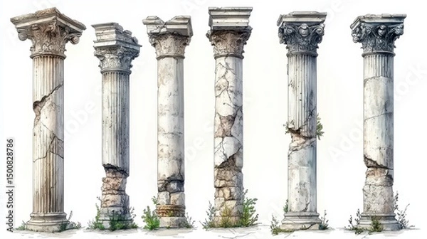Fototapeta Six aged, cracked columns, detailed with eroded bases and weathered capitals stand isolated