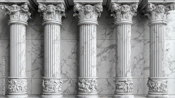 Fototapeta Ornate marble columns stand against a marbled wall in this symmetrical arrangement