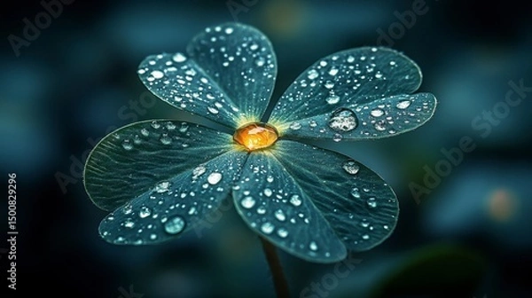 Fototapeta Clover covered in water droplets, close up macro
