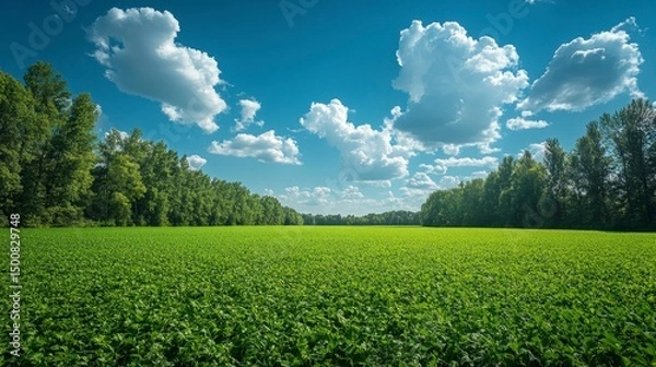 Fototapeta Green field under a bright blue sky with fluffy white clouds and trees lining the horizon