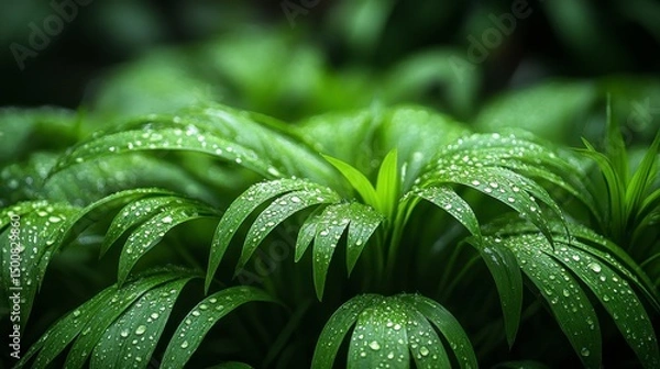 Fototapeta Lush, vibrant green plants adorned with dewdrops, creating a fresh, natural spectacle