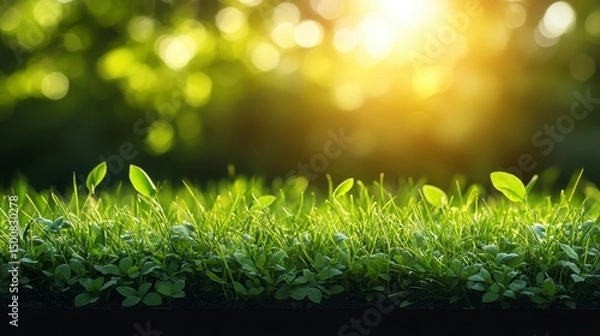 Fototapeta Young plants emerging from the soil under sunlight, with green foliage bokeh in the background