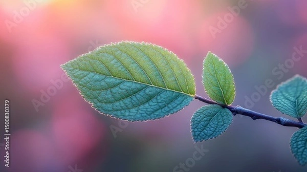Fototapeta Close-up of leaves on a branch with a vibrant pink and purple bokeh background