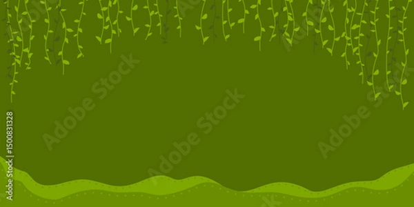 Fototapeta Wallpaper of leaves on green background. Designed to look like display with hanging down leaves.