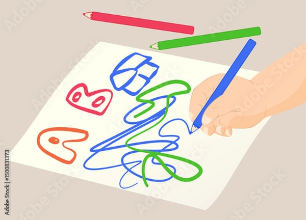 Fototapeta Childish scribble style, messy line, colorful were drawn by children, drawing with crayon, colored pencil. Learning alphabet and freehand drawing on paper.