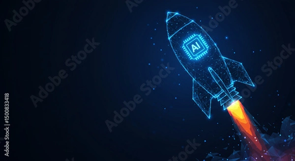 Fototapeta A digital rocket with ai chip taking off against a dark blue background with smoke and particle effects