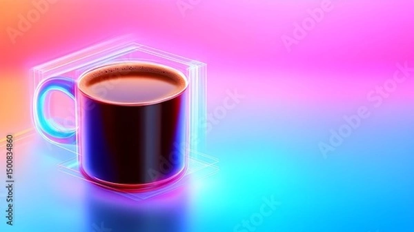 Fototapeta A dark mug of coffee sits on a reflective surface, encased in a vibrant neon pink, blue, and purple geometric frame against a gradient background