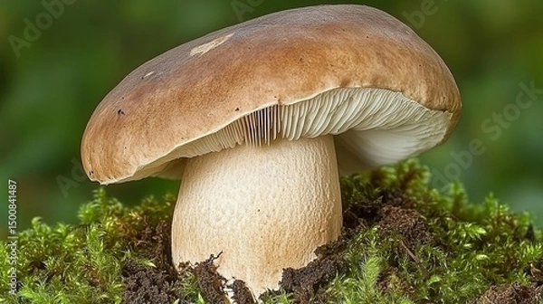 Fototapeta Mushroom with Brown Cap and Light - colored Stem Growing on Moss - and - Soil - covered Ground, Highlighting Natural Form