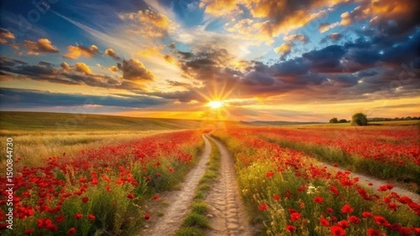 Obraz Serene Sunset over a Vibrant Poppy Field with a Dirt Road Leading Towards the Golden Horizon