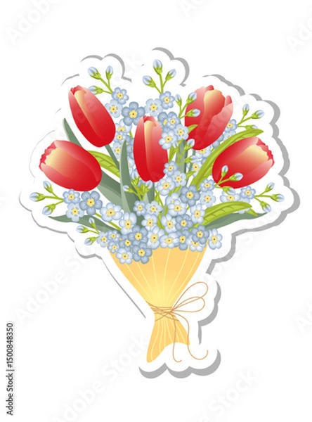 Obraz Sticker with bouquet of spring red tulips and forget-me-not flowers  isolated  on white background.