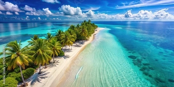 Obraz A pristine, idyllic beach paradise with lush palm trees, crystal-clear turquoise waters, and soft white sand, a perfect tropical escape
