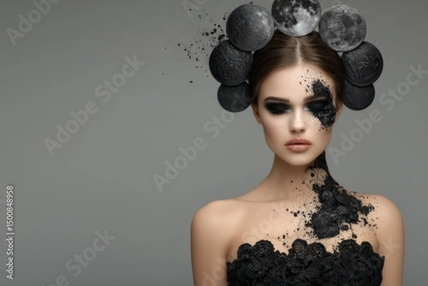 Obraz Conceptual woman with moon phases and black cosmic textures