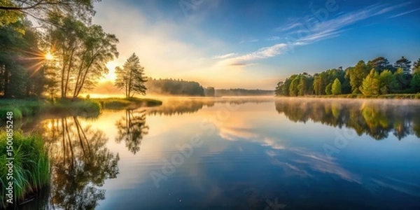 Obraz Serene Sunrise Over a Misty Lake with Trees Mirrored in Calm Waters