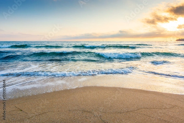 Fototapeta empty beach in the forenoon. wet seashore. beautiful landscape at the black sea. waves washing the sand on the shore. clouds glowing in morning light. calm summer vacation and travel destination