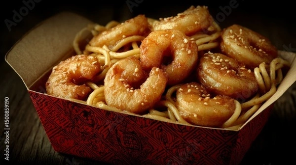 Obraz Asian cuisine: honey walnut shrimp and chow mein in plastic takeout box with red branding.