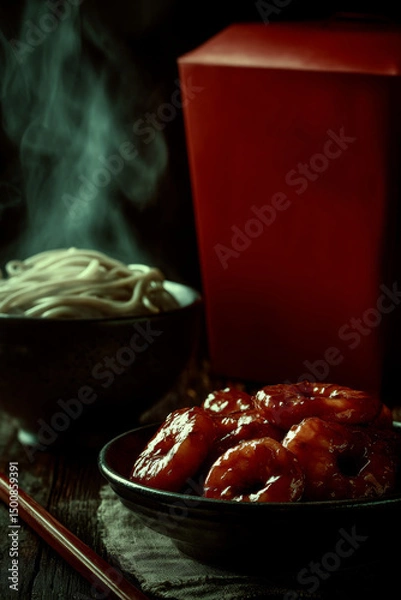 Obraz Crispy honey walnut shrimp and chow mein in plastic takeout box with red branding.