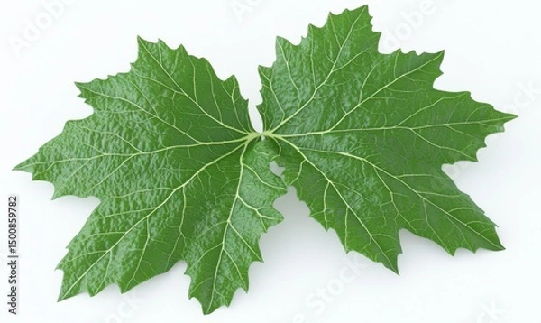 Fototapeta Two green grape leaves, studio shot, white background, nature imagery for websites