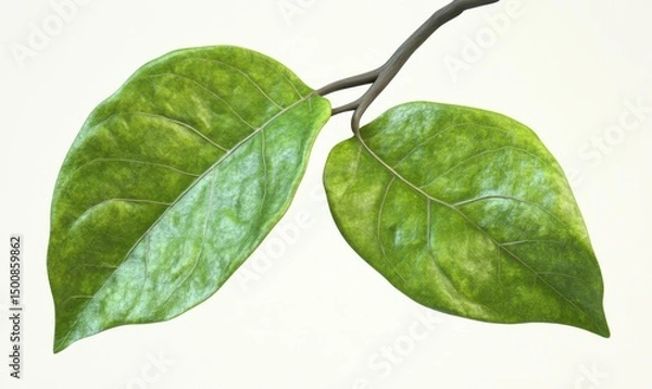 Fototapeta Two green leaves on a branch, isolated on white, nature background, for design