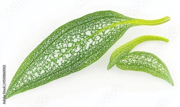 Fototapeta Two green leaves with holes, isolated on white background, for food or nature websites