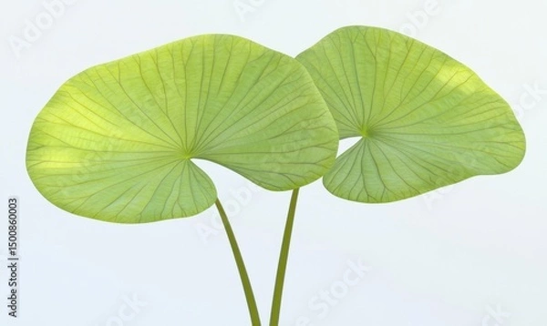 Fototapeta Two green lotus leaves, close-up, white background, nature, botanical illustration