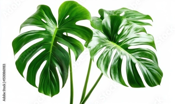 Fototapeta Two vibrant green monstera leaves isolated on white background; ideal for design