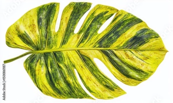 Fototapeta Variegated Monstera leaf, isolated, tropical plant, white background, design element