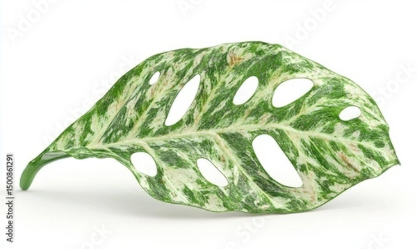 Fototapeta Variegated Monstera leaf, isolated, white background, botanical