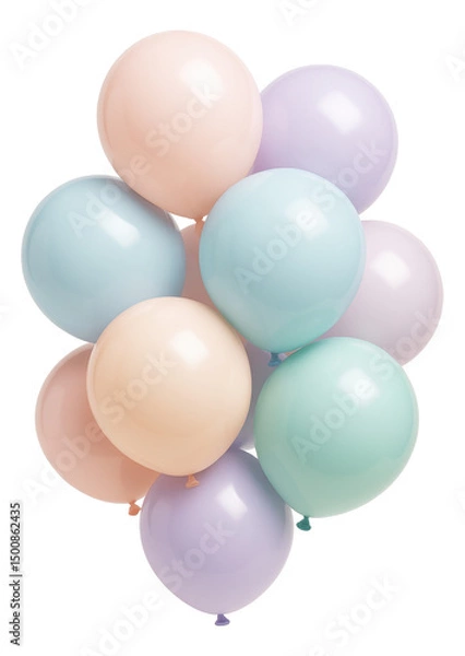 Fototapeta A colorful arrangement of pastel balloons featuring shades of pink, blue, green, and purple, creating a festive and playful atmosphere on transparent background.