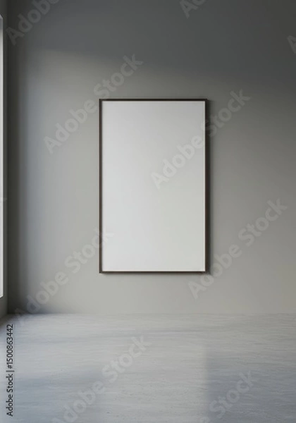Fototapeta Photo of Empty White Poster In Frame on Grey Wall with Concrete Floor