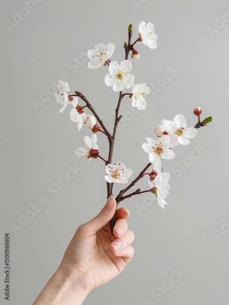 Fototapeta hand holding a small branch of cherry blossoms. could be used in graphic design, branding, or advertising for themes related to nature, wellness, beauty, or minimalism.